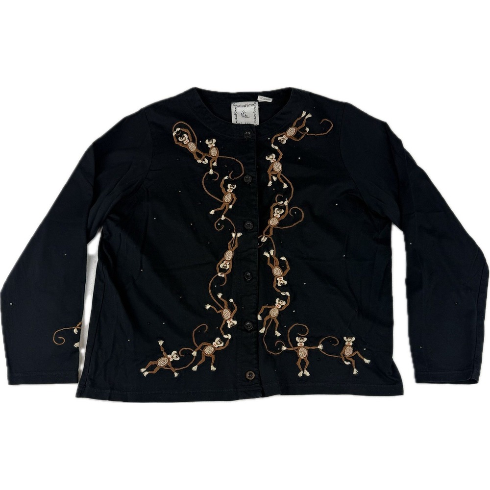 VTG Michael Simon Lite Cardigan Sweater Women's Large Embroidered Monkeys Beaded